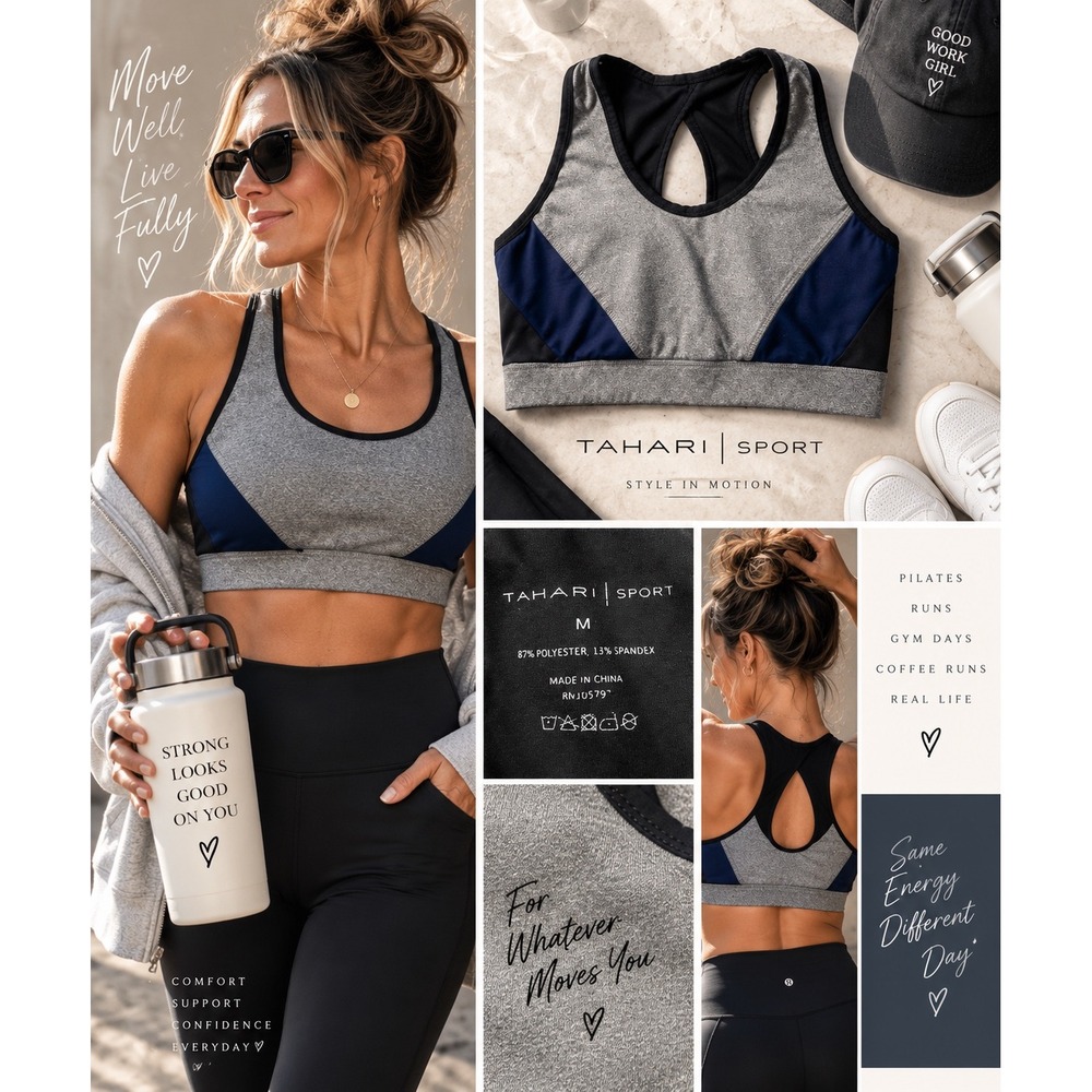 Tahari Sport Women M Gray Navy Black Colorblock Racerback Athletic Sports Bra